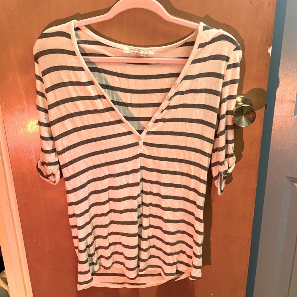 Striped Cropped Button Sleeve Tee
